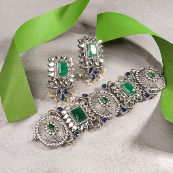Silver Emerald Choker Set - FNNS05 - Image 2